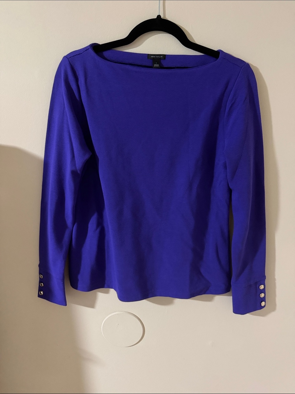 Ann Taylor Purple Long Sleeve Boatneck Top with Button Cuffs